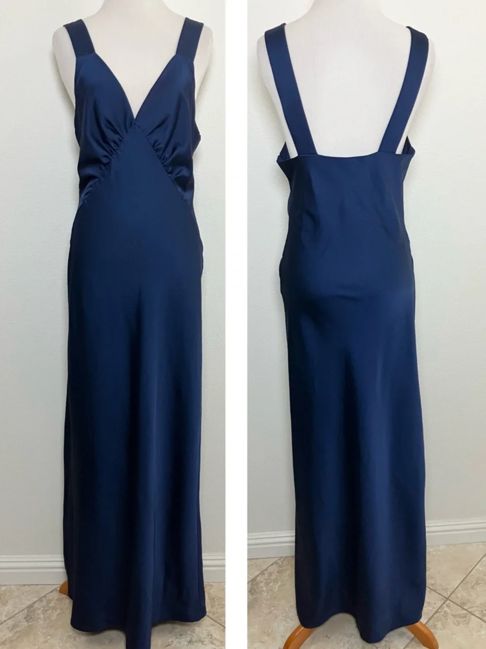Satin Navy Blue V-Neck Maxi Dress with Wide Straps - Picture 1 of 11